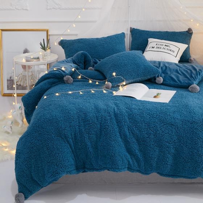 91家纺网 家纺一手货源 找家纺 一米阳光 2019新款羊羔绒-暖绒系列套件 暖绒绒-宝蓝