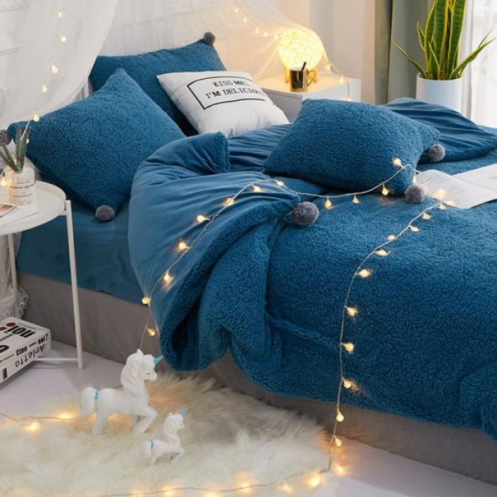 91家纺网 家纺一手货源 找家纺 一米阳光 2019新款羊羔绒-暖绒系列套件 暖绒绒-宝蓝