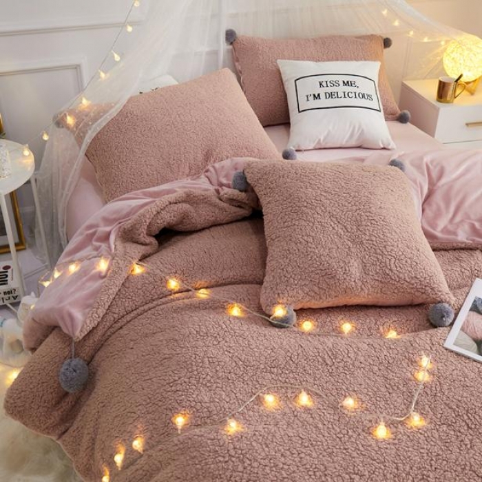 91家纺网 家纺一手货源 找家纺 一米阳光 2019新款羊羔绒-暖绒系列套件 暖绒绒-肉咖