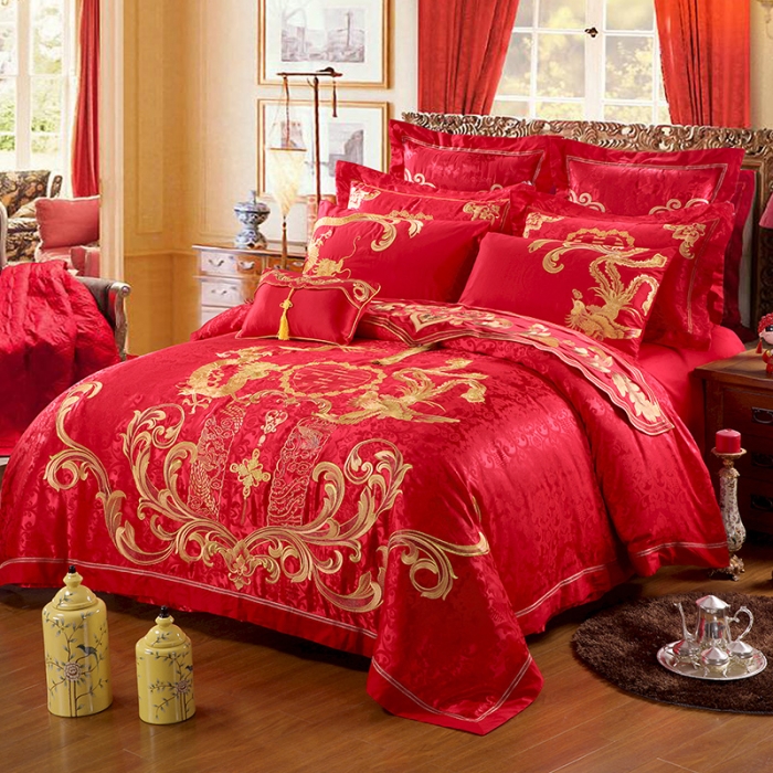 91家纺网 家纺一手货源 找家纺 玉雅家纺 龙翔凤舞婚庆多件套床盖款（床盖换床裙加40元）