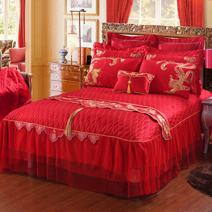 91家纺网 家纺一手货源 找家纺 玉雅家纺 龙翔凤舞婚庆多件套床盖款（床盖换床裙加40元）