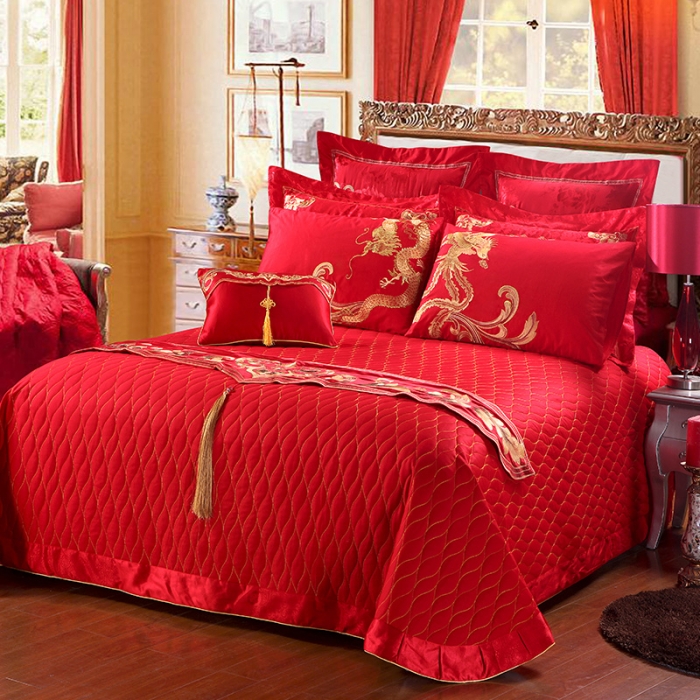 91家纺网 家纺一手货源 找家纺 玉雅家纺 龙翔凤舞婚庆多件套床盖款（床盖换床裙加40元）