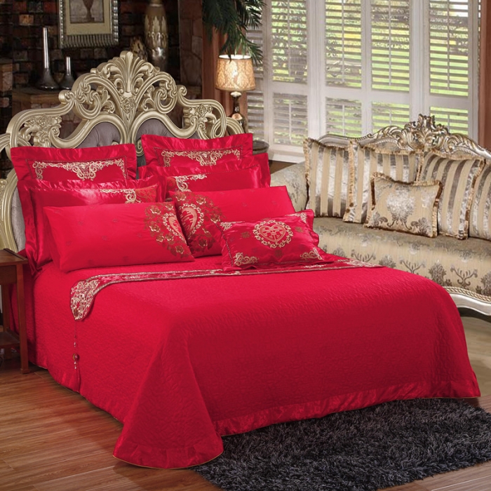 91家纺网 家纺一手货源 找家纺 玉雅家纺 双喜临门婚庆多件套床盖款（床盖换床裙加40元）