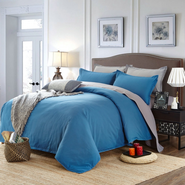 91家纺网 家纺一手货源 找家纺 贝拉梦 全活性芦荟棉纯色双拼四件套 宝蓝灰