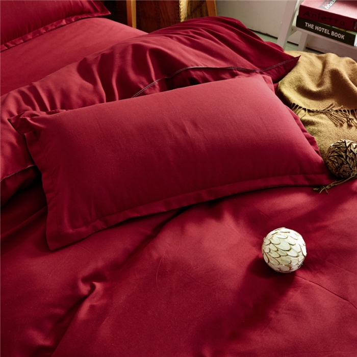 91家纺网 家纺一手货源 找家纺 贝拉梦 全活性芦荟棉纯色双拼四件套 纯色酒红