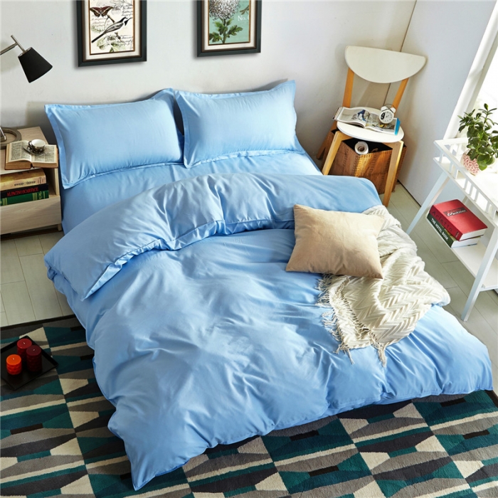 91家纺网 家纺一手货源 找家纺 贝拉梦 全活性芦荟棉纯色双拼四件套 纯色天蓝