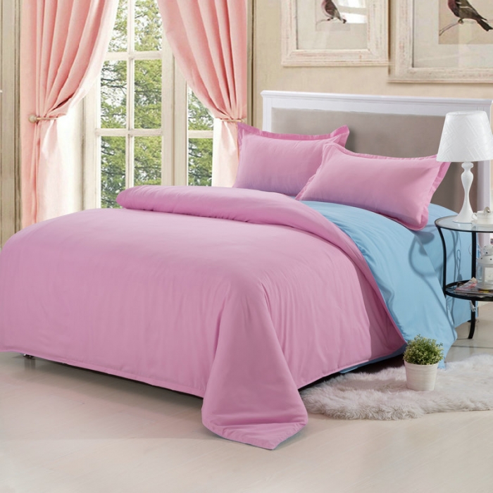 91家纺网 家纺一手货源 找家纺 贝拉梦 全活性芦荟棉纯色双拼四件套  粉色兰