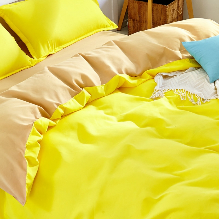 91家纺网 家纺一手货源 找家纺 贝拉梦 全活性芦荟棉纯色双拼四件套 柠檬驼