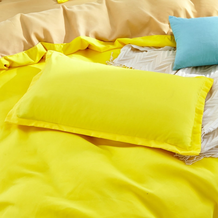 91家纺网 家纺一手货源 找家纺 贝拉梦 全活性芦荟棉纯色双拼四件套 柠檬驼