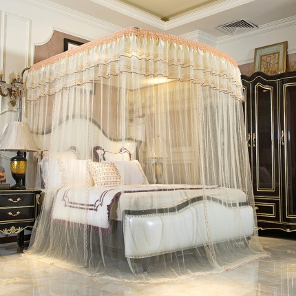 91家纺网 家纺一手货源 找家纺 卓尔居 A12白蝶伸缩U型钓鱼竿宫廷落地蚊帐黄色