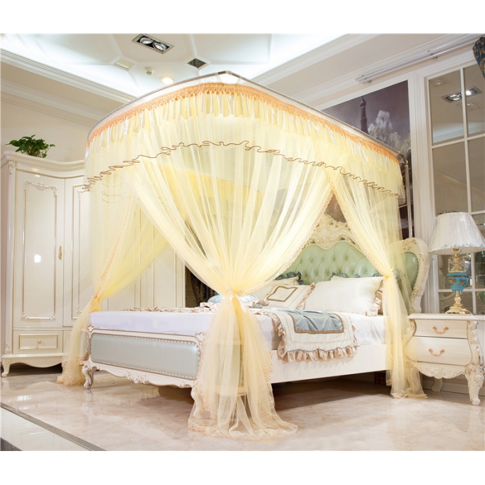 91家纺网 家纺一手货源 找家纺 卓尔居 A15烟波伸缩U型钓鱼竿宫廷落地蚊帐黄色