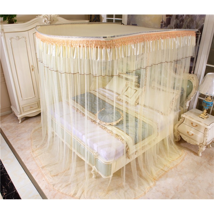 91家纺网 家纺一手货源 找家纺 卓尔居 A15烟波伸缩U型钓鱼竿宫廷落地蚊帐黄色