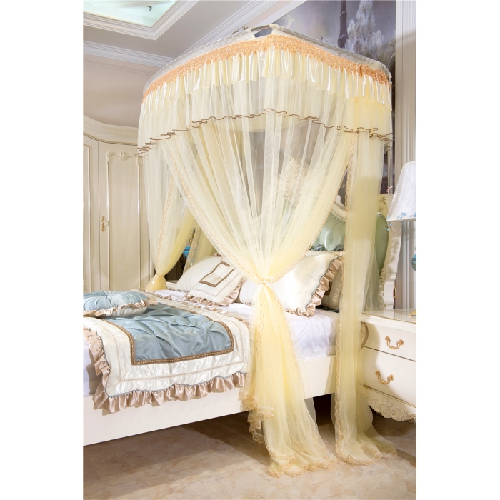 91家纺网 家纺一手货源 找家纺 卓尔居 A15烟波伸缩U型钓鱼竿宫廷落地蚊帐黄色