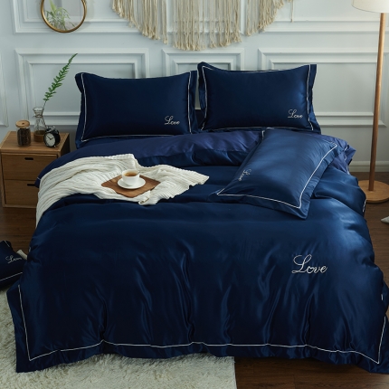 91家纺网 家纺一手货源 找家纺 意尚风情 2020新款·绣花水洗真丝四件套床单款坎蒂丝（蓝）