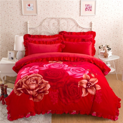 91家纺网 家纺一手货源 找家纺 意尚风情 0920 韩版磨毛加厚 水晶绒四件套大爱玫瑰
