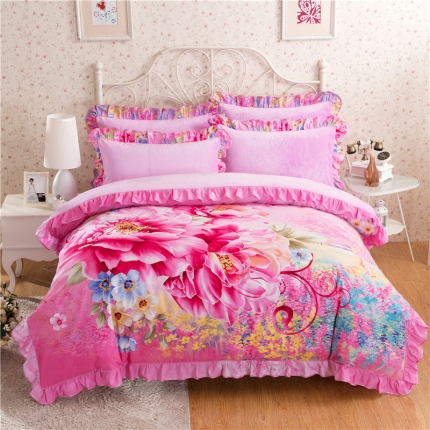 91家纺网 家纺一手货源 找家纺 意尚风情 0920 韩版磨毛加厚 水晶绒四件套花间柔情