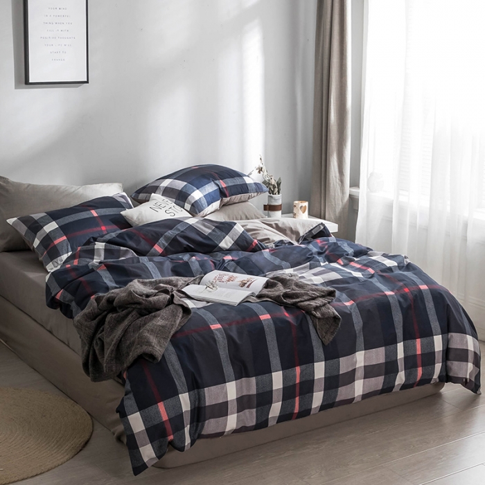 91家纺网 家纺一手货源 找家纺 艾沁家纺 北欧简约格子条纹系列全棉四件套床单款爵士