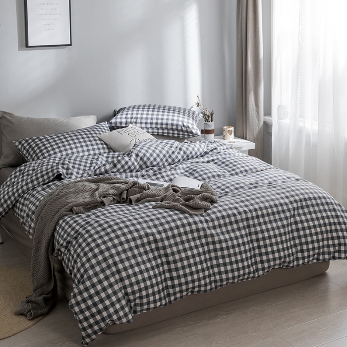 91家纺网 家纺一手货源 找家纺 艾沁家纺 北欧简约格子条纹系列全棉四件套床单款棉格