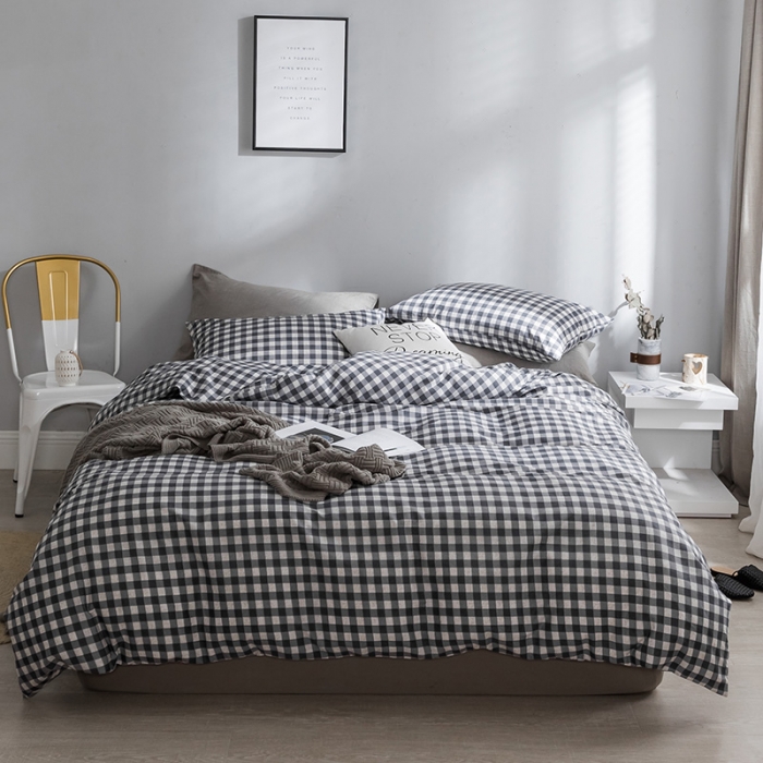 91家纺网 家纺一手货源 找家纺 艾沁家纺 北欧简约格子条纹系列全棉四件套床单款棉格