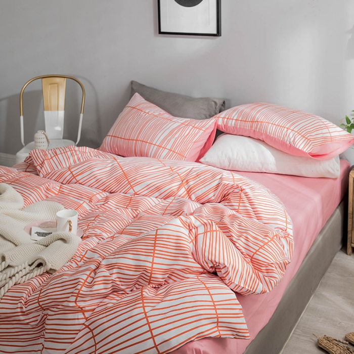 91家纺网 家纺一手货源 找家纺 艾沁家纺 北欧简约格子条纹系列全棉四件套床单款 涩