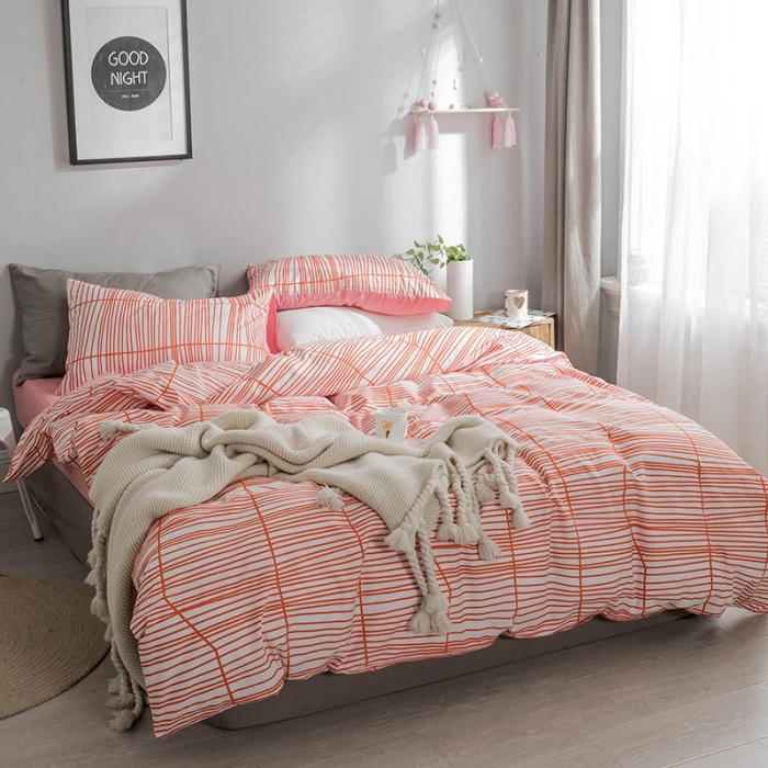 91家纺网 家纺一手货源 找家纺 艾沁家纺 北欧简约格子条纹系列全棉四件套床单款 涩