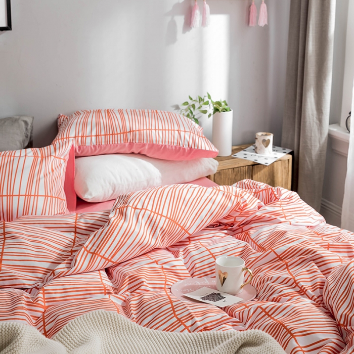 91家纺网 家纺一手货源 找家纺 艾沁家纺 北欧简约格子条纹系列全棉四件套床单款 涩