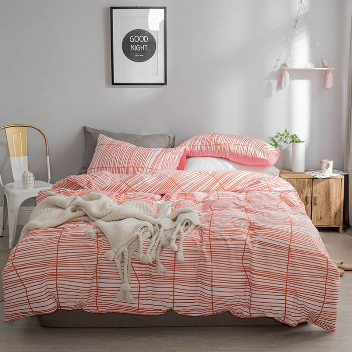 91家纺网 家纺一手货源 找家纺 艾沁家纺 北欧简约格子条纹系列全棉四件套床单款 涩