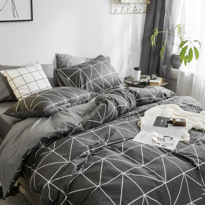 91家纺网 家纺一手货源 找家纺 艾沁家纺 2018新款北欧简约纯棉四件套慕尚-黑