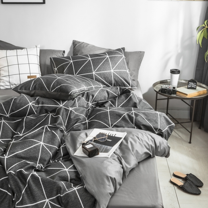 91家纺网 家纺一手货源 找家纺 艾沁家纺 2018新款北欧简约纯棉四件套慕尚-黑