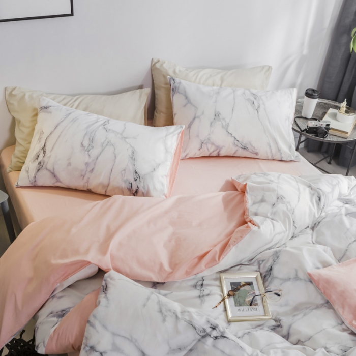 91家纺网 家纺一手货源 找家纺 艾沁家纺 2018新款北欧简约纯棉四件套石纹-粉