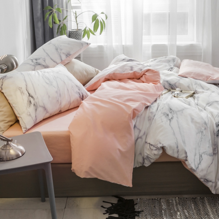 91家纺网 家纺一手货源 找家纺 艾沁家纺 2018新款北欧简约纯棉四件套石纹-粉