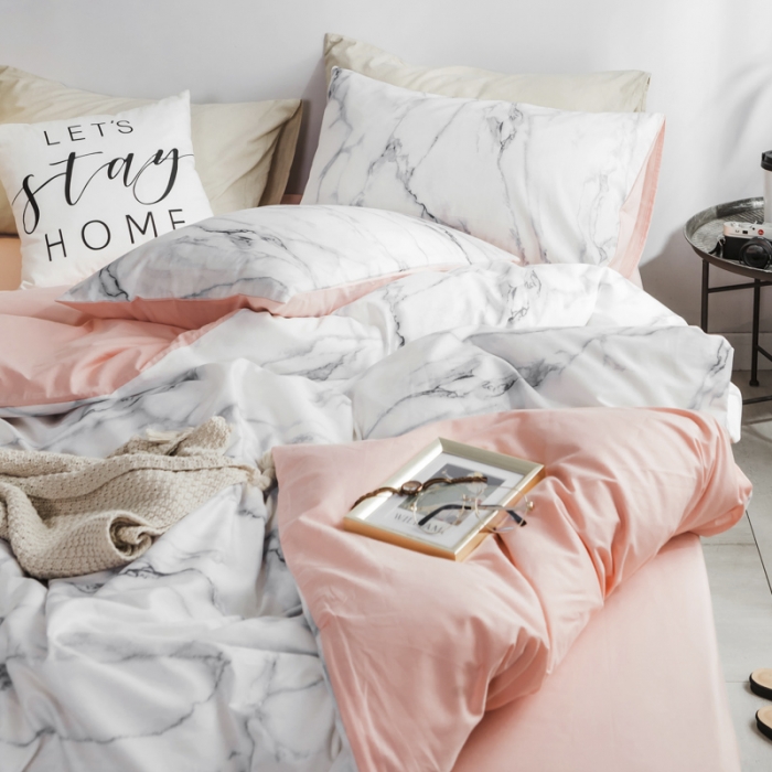 91家纺网 家纺一手货源 找家纺 艾沁家纺 2018新款北欧简约纯棉四件套石纹-粉