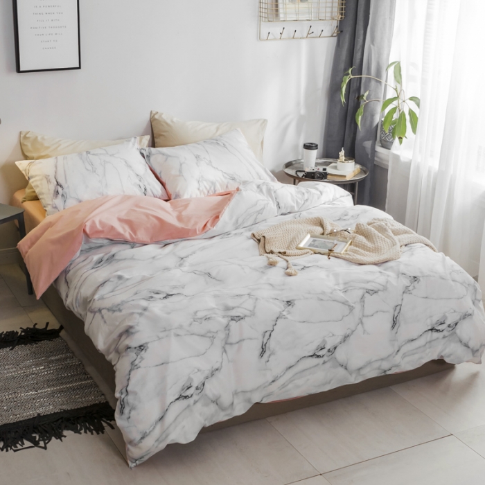 91家纺网 家纺一手货源 找家纺 艾沁家纺 2018新款北欧简约纯棉四件套石纹-粉