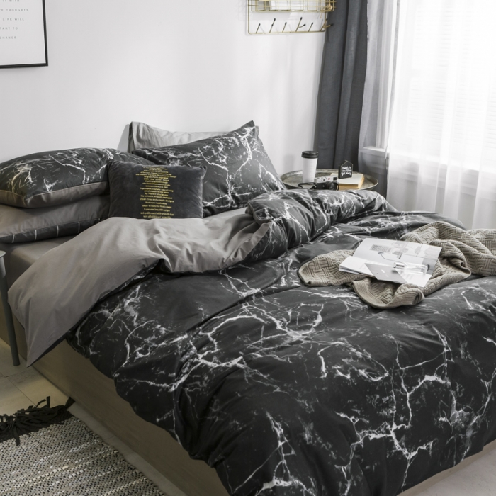 91家纺网 家纺一手货源 找家纺 艾沁家纺 2018新款北欧简约纯棉四件套石纹-黑