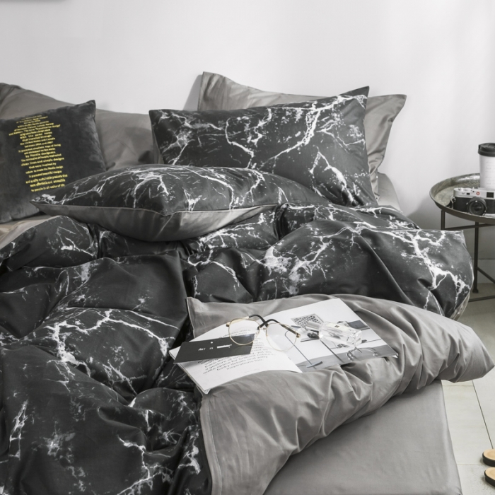 91家纺网 家纺一手货源 找家纺 艾沁家纺 2018新款北欧简约纯棉四件套石纹-黑