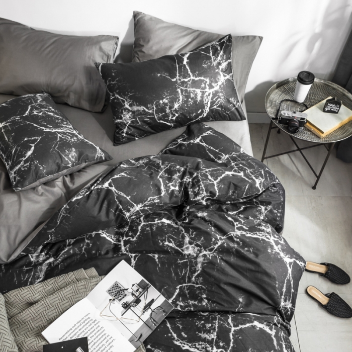 91家纺网 家纺一手货源 找家纺 艾沁家纺 2018新款北欧简约纯棉四件套石纹-黑