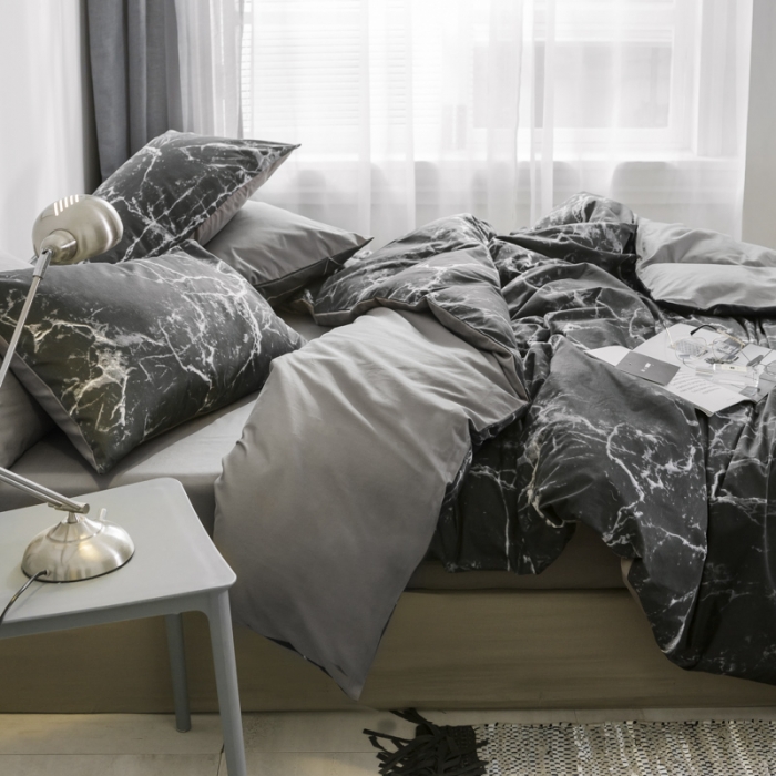 91家纺网 家纺一手货源 找家纺 艾沁家纺 2018新款北欧简约纯棉四件套石纹-黑