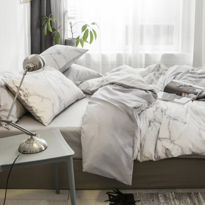 91家纺网 家纺一手货源 找家纺 艾沁家纺 2018新款北欧简约纯棉四件套石纹-灰