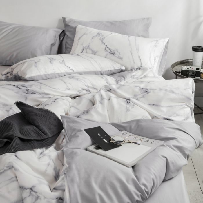 91家纺网 家纺一手货源 找家纺 艾沁家纺 2018新款北欧简约纯棉四件套石纹-灰