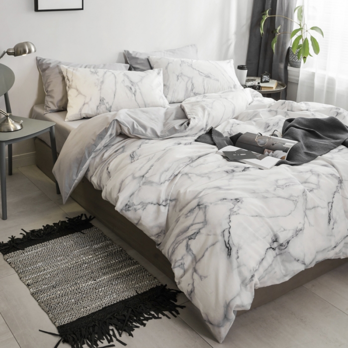 91家纺网 家纺一手货源 找家纺 艾沁家纺 2018新款北欧简约纯棉四件套石纹-灰