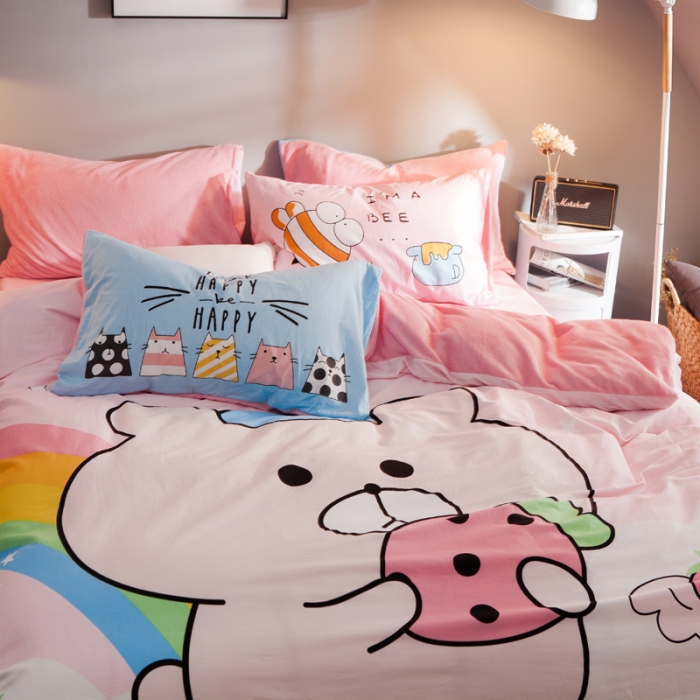 91家纺网 家纺一手货源 找家纺 涵宸家纺 新品绒-A棉大版B法莱绒套件床单款 彩虹熊