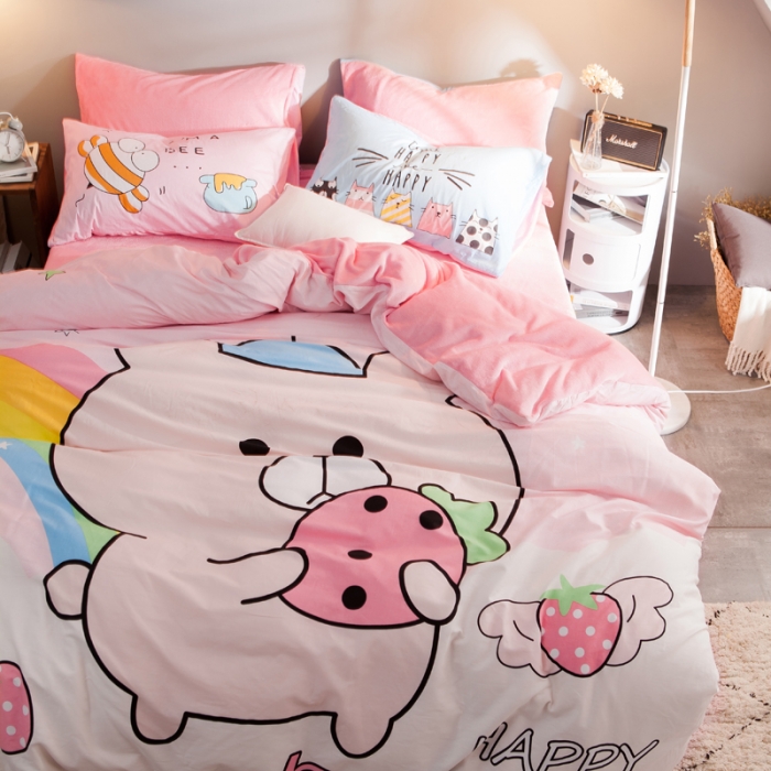 91家纺网 家纺一手货源 找家纺 涵宸家纺 新品绒-A棉大版B法莱绒套件床单款 彩虹熊