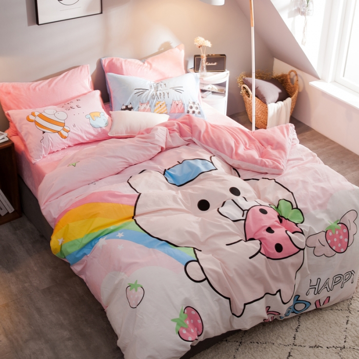 91家纺网 家纺一手货源 找家纺 涵宸家纺 新品绒-A棉大版B法莱绒套件床单款 彩虹熊