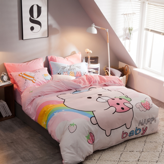 91家纺网 家纺一手货源 找家纺 涵宸家纺 新品绒-A棉大版B法莱绒套件床单款 彩虹熊