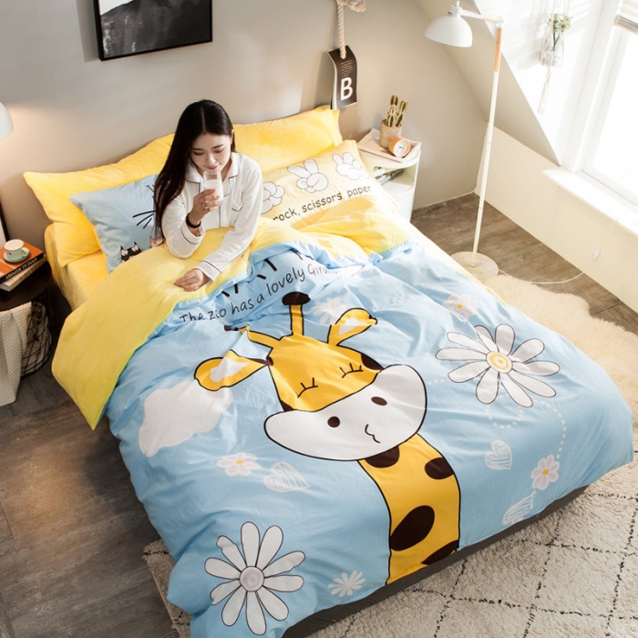 91家纺网 家纺一手货源 找家纺 涵宸家纺 新品绒-A棉大版B法莱绒套件床单款 萌鹿