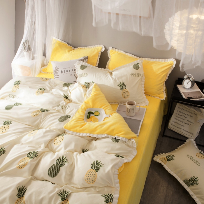 91家纺网 家纺一手货源 找家纺 涵宸家纺 新款绒-A针织磨毛B绒四件套 菠萝