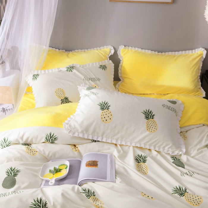 91家纺网 家纺一手货源 找家纺 涵宸家纺 新款绒-A针织磨毛B绒四件套 菠萝