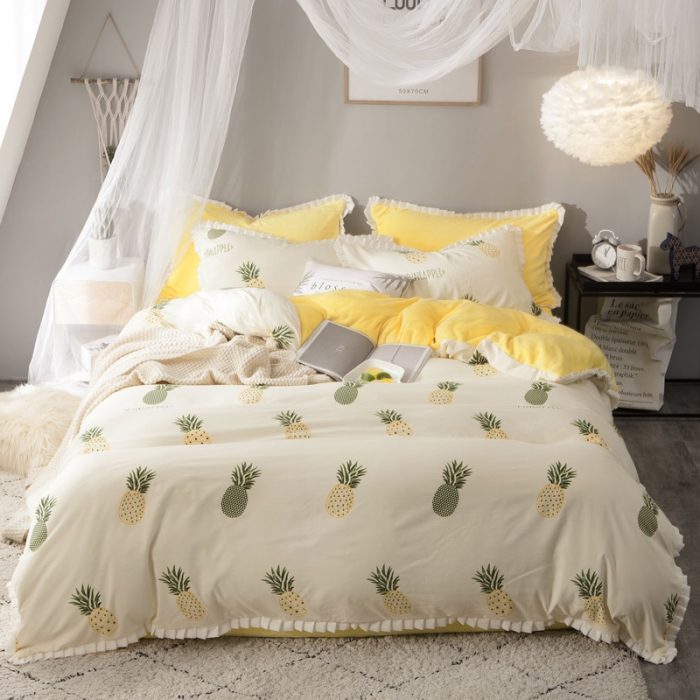 91家纺网 家纺一手货源 找家纺 涵宸家纺 新款绒-A针织磨毛B绒四件套 菠萝