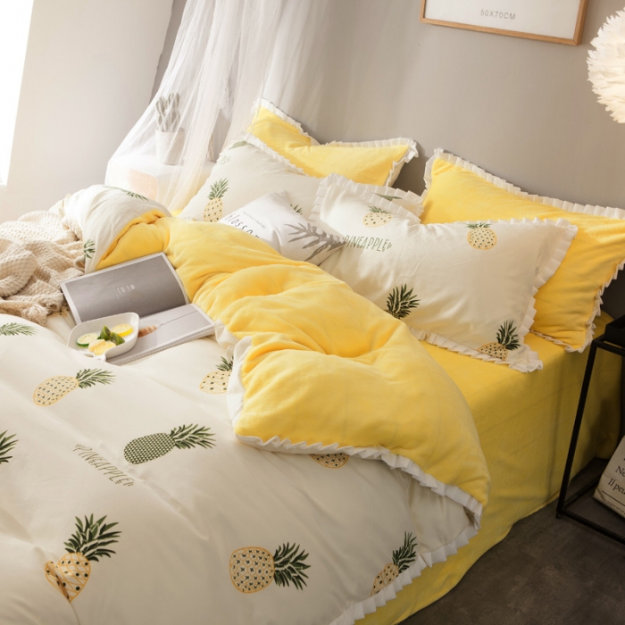 91家纺网 家纺一手货源 找家纺 涵宸家纺 新款绒-A针织磨毛B绒四件套 菠萝