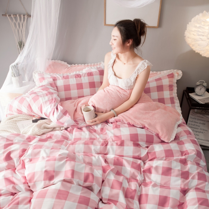 91家纺网 家纺一手货源 找家纺 涵宸家纺 新款绒-A针织磨毛B绒四件套 粉色时代